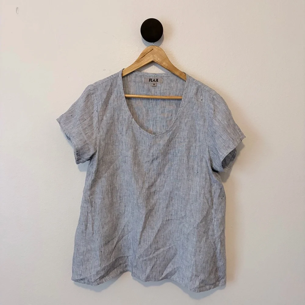 FLAX Linen Micro Stripe Top Short Sleeve Blue White Size S - Picture 1 of 6